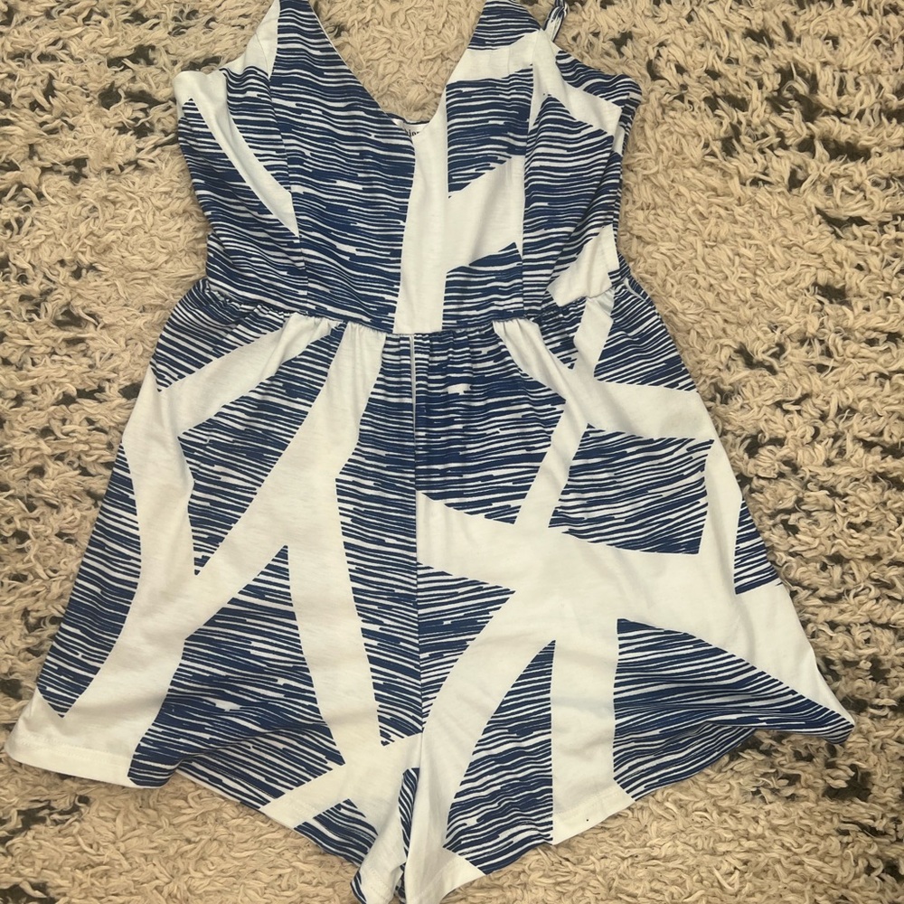 Blue and White Geometric Jumpsuit with Flowy Design